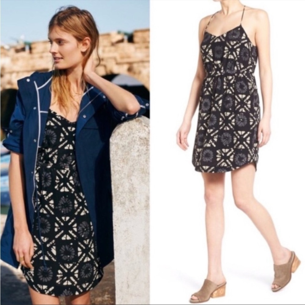 Madewell 100% silk Starview Batik Grid black gray cream mini dress w pockets - Picture 2 of 16